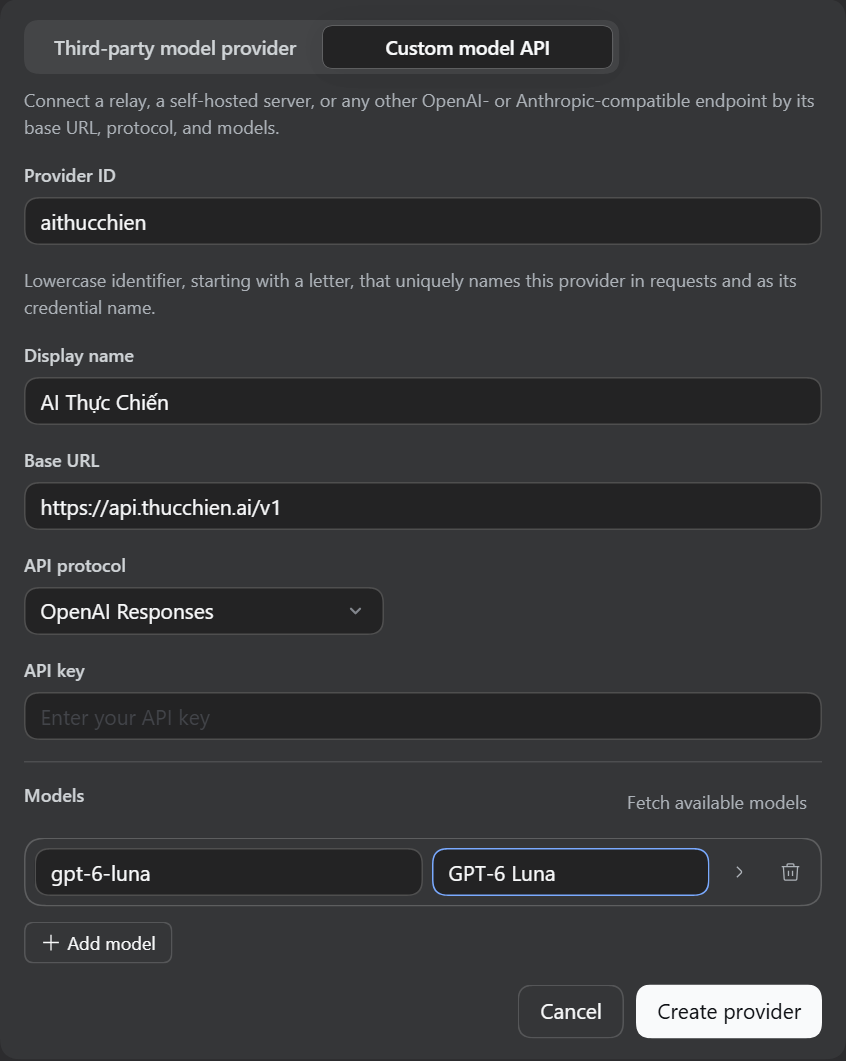 Form Custom model API của DeepSeek Harness